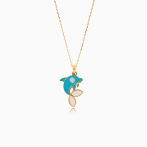 18k Yellow Gold Kids Necklace with Natural Diamonds, Mother of Pearl & Enamel Dolphin Design | Dalia Kids Collection