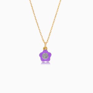 18k Yellow Gold Floral Pendant Necklace with Enamel and Natural Diamond Accents | Alwan Kids Collection