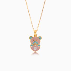 18k Yellow Gold Bear Pendant Necklace with Natural Diamond and Enamel | Dalia Kids Collection
