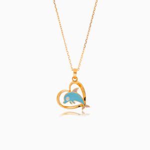 18K Yellow Gold Necklace with Heart and Dolphin Design | Dalia Kids Collection