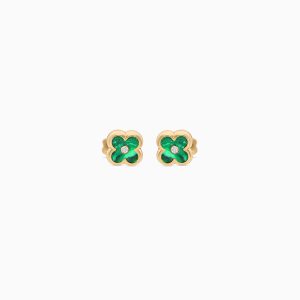 18k Yellow Gold Floral Earrings with Green Enamel & Zircon | Spanish Kids Collection